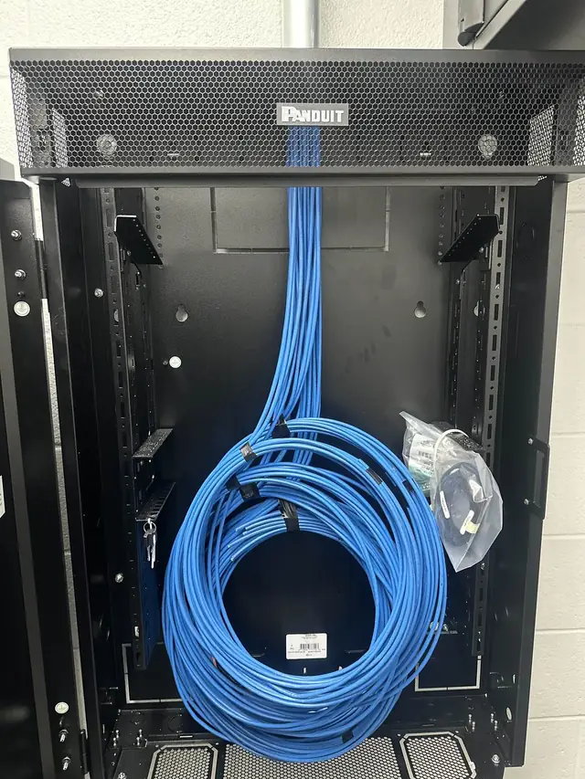 Panduit cabinet with coiled blue Cat6 cables