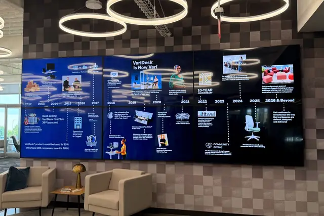Six-panel video wall in a corporate lobby with ring lighting